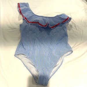 J.Crew Factory one shoulder seersucker swimsuit with ruffle Size XL